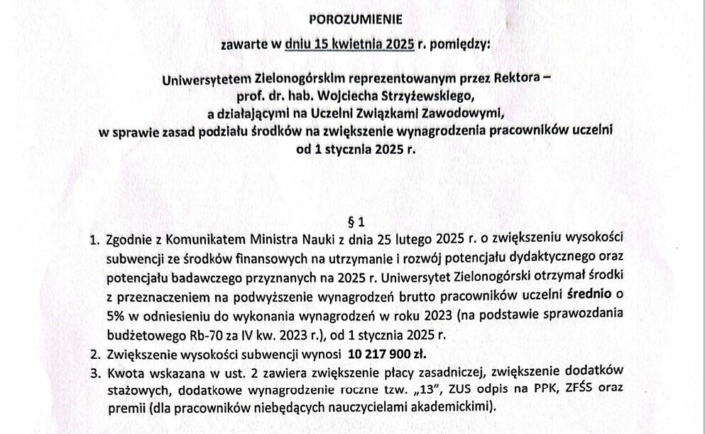 Porozumienie z dnia 15 kwietnia 2025 r. w sprawie zasad podziału środków na zwiększenie wynagrodzenia pracowników uczelni od 1 stycznia 2025 r.